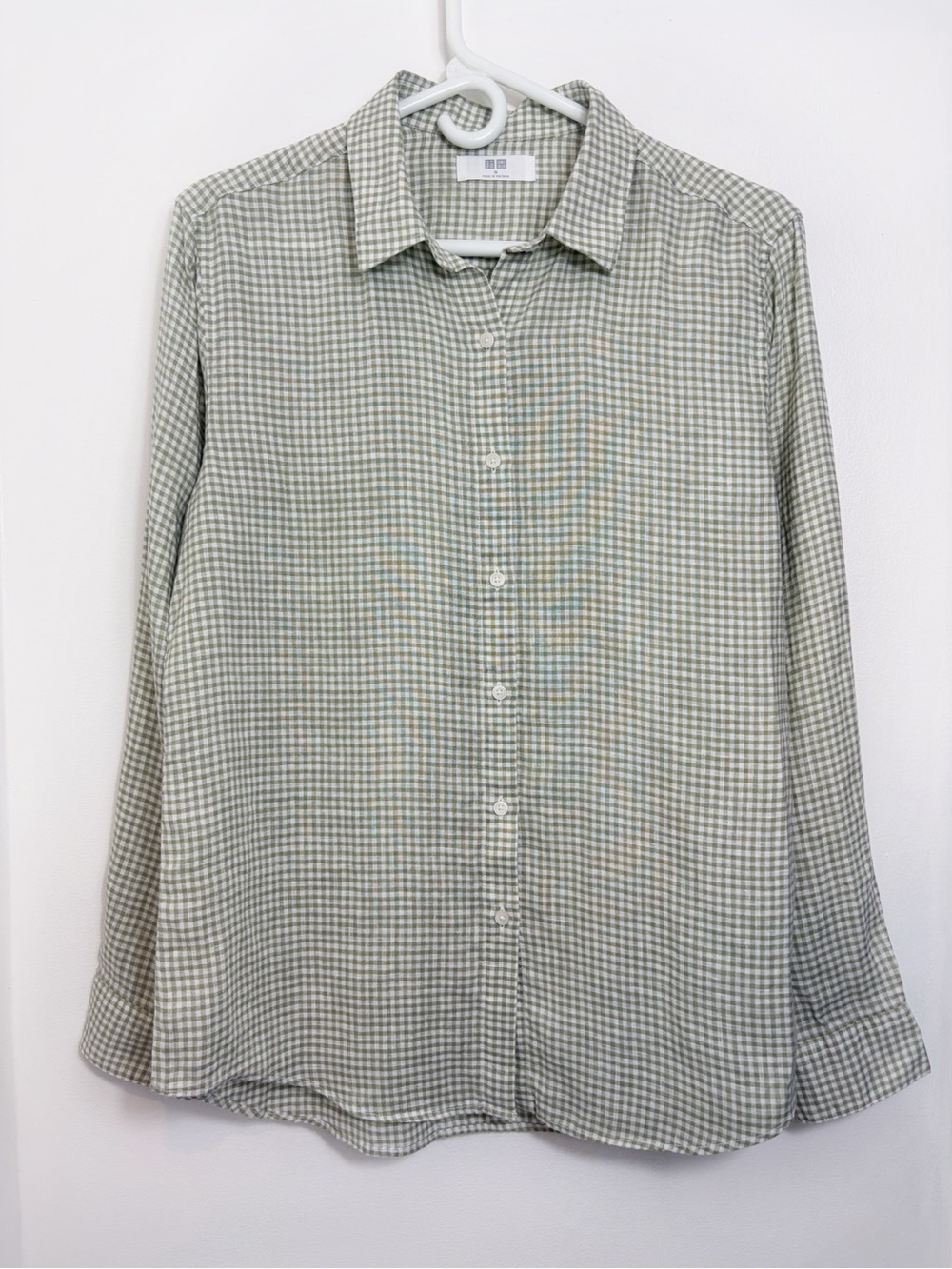 Uniqlo Green Gingham Linen Long Sleeve Button Down Shirt Autumn Fall